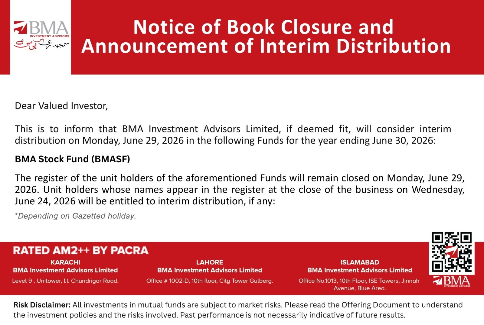 Notice of Book closure & Announcement of Interim Distribution (BMA Stock Fund)